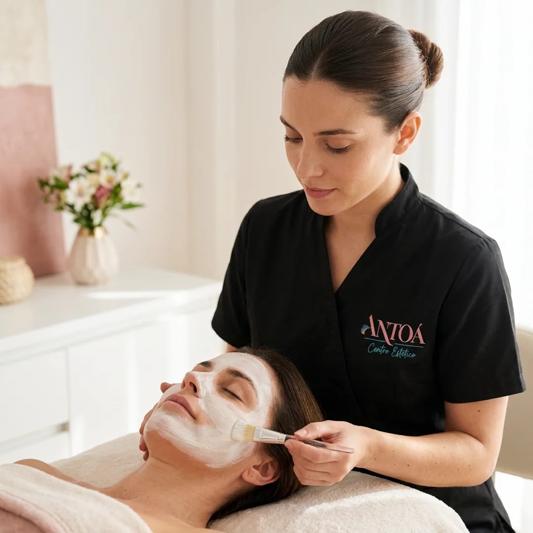 Limpieza facial en Antoá: la cosmetóloga aplica una mascarilla sobre el rostro de la clienta, que descansa relajada